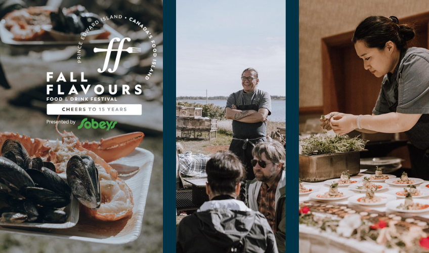 PEI Fall Flavours Image of food, chef, lobster traps and seafood with Fall Flavours logo