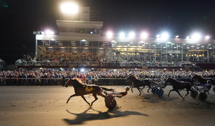 Night image of Gold Cup & Saucer Race under the lights at Red Shores Race track