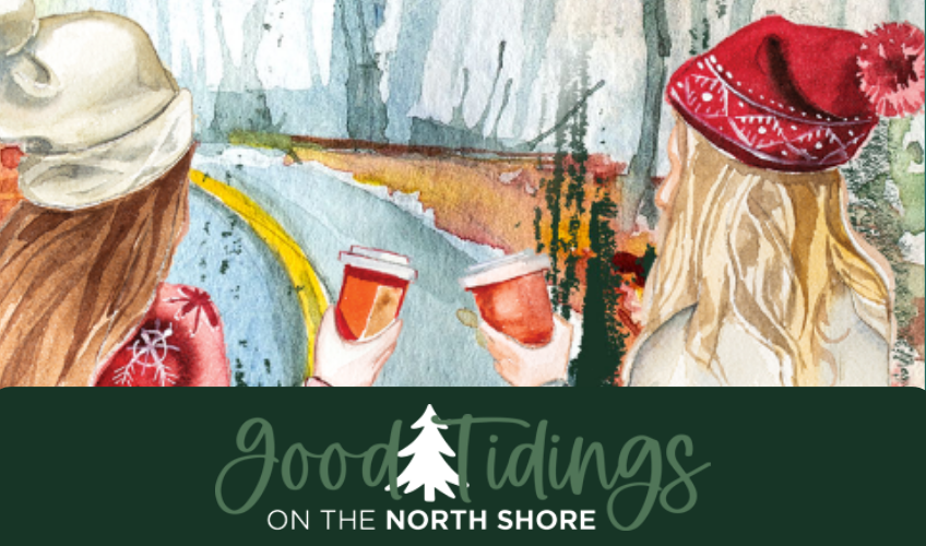 Good Tidings on the North Shore, PEI Grpahic image of two women on wooded trail holding hot chocolate