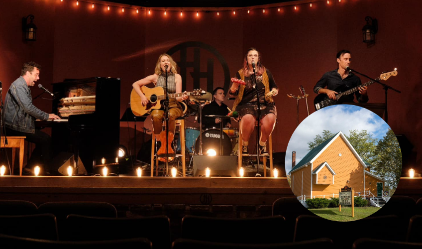 Performers on stage at Harmony House with insert image of exterior