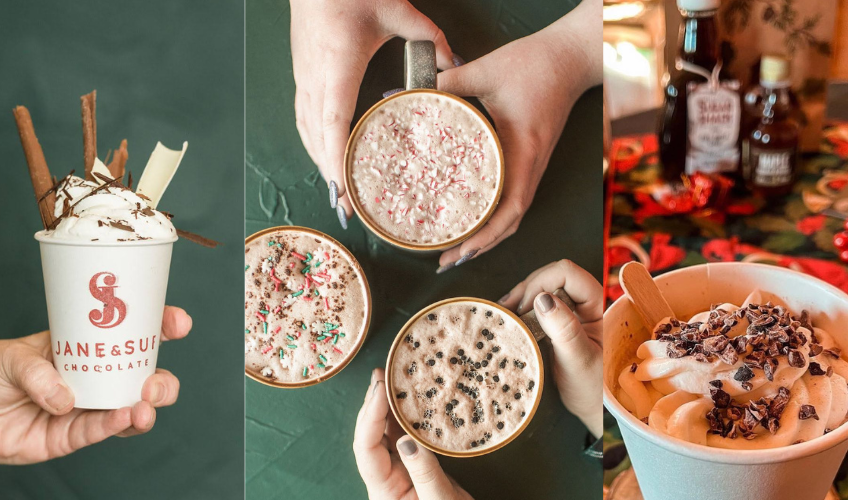 Images of three different specialty hot chocolate drinks of Hot Chocolate Trail