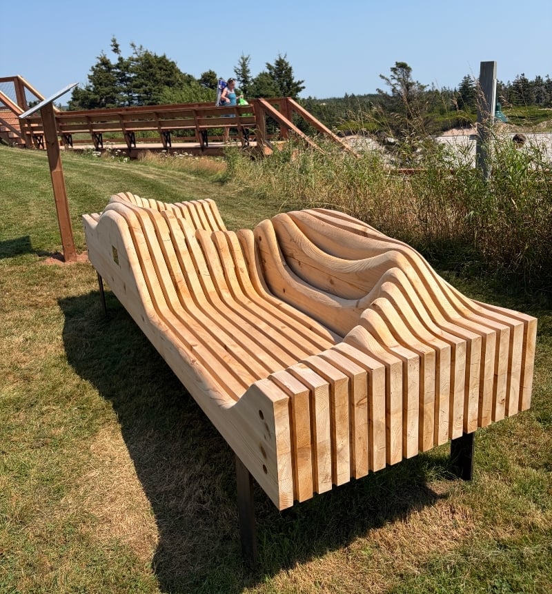 Side view of Friendship Bench seat at Basin Heaad Provincial Park