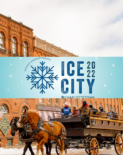 Ice City graphic over image of horse & wagon on Queen Street in winter