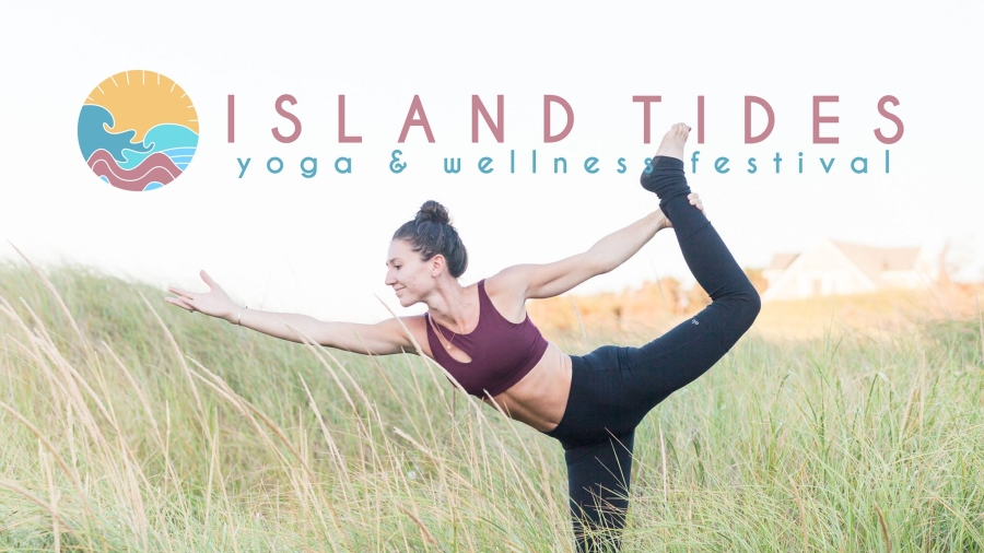 "Island Tides Wellness Festival" logo over image of a person doing a yoga pose in Prince Edward Island.