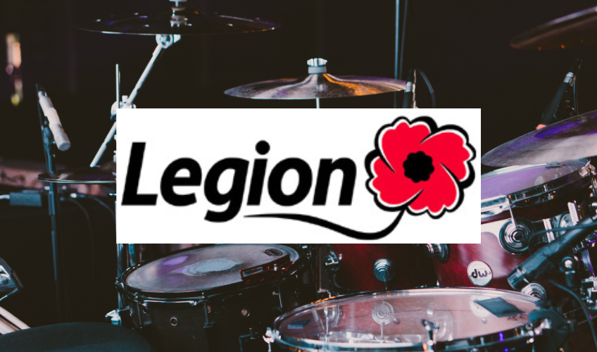 Image of drum set in background with Legion logo in front