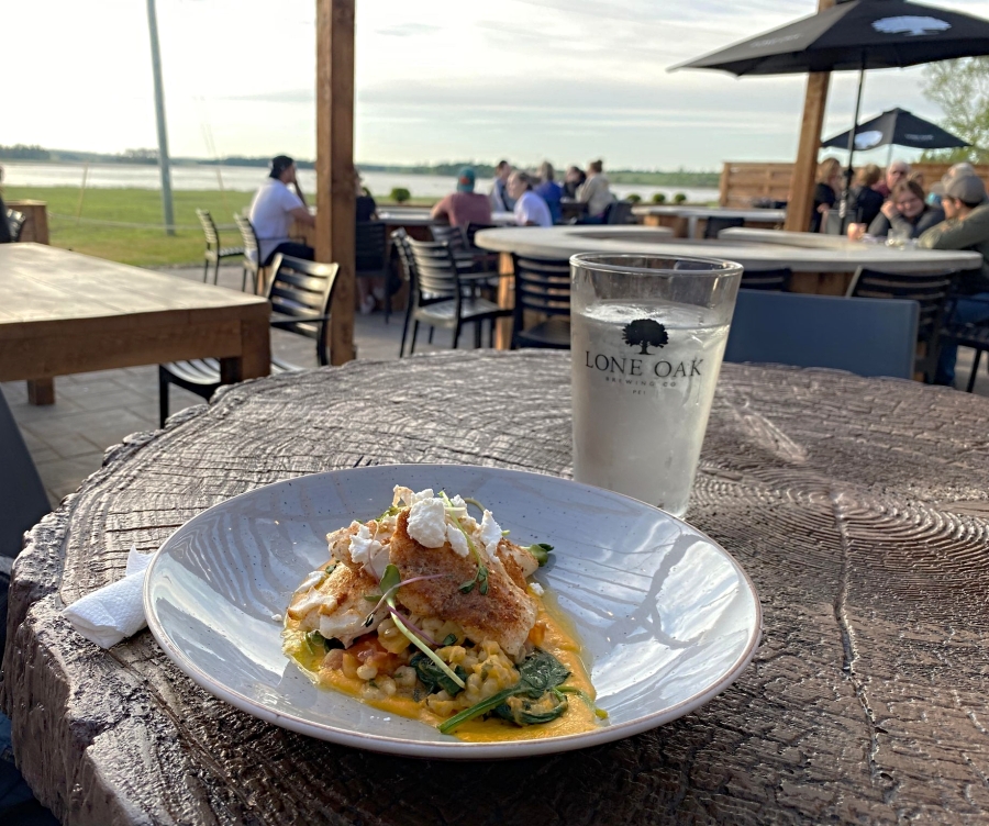 Lone Oak Brewpub patio in North River, PEI Meal on patio at Lone Oak Brewpub