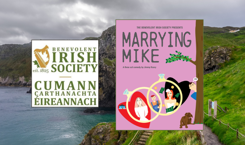 Graphic image of "Marrying Mike" poster with BIS logo and Ireland landscape image in background