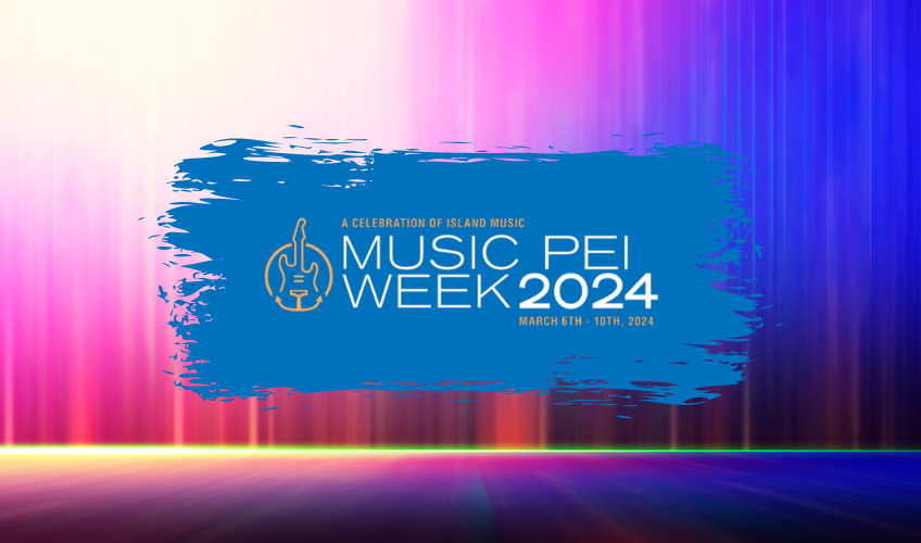 Graphic image of stage curtain with MUSIC PEI Week 2024 logo in foreground
