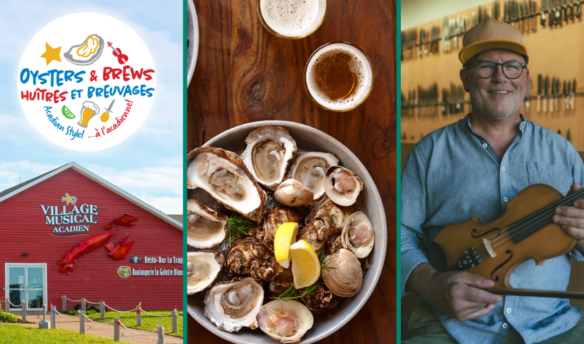 Image of Village Musical building, raw oysters on the half shell and Robert Pendergast holding a fiddle