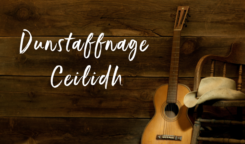 Stock image of guitar and cowboy hat on chair with text "Dunstaffnage Ceilidh"