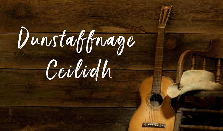 Dunstaffnage Ceilidh Stock image of guitar and cowboy hat on chair with text "Dunstaffnage Ceilidh"