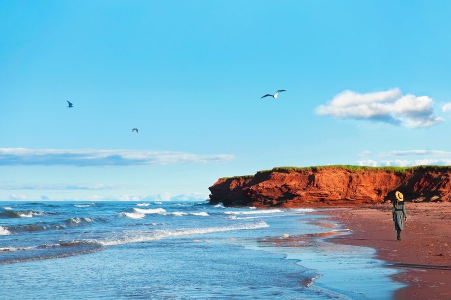 Cousins Shore, PEI Anne of Green Gables character walking at Cousins Shore