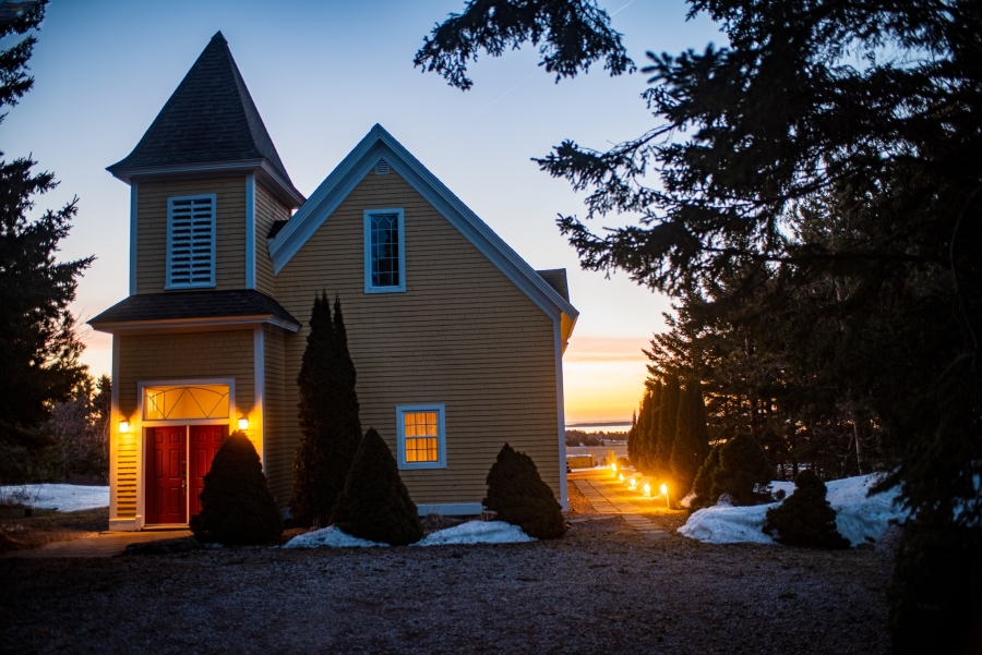 Exterior shot of Harrington House at dusk in winter