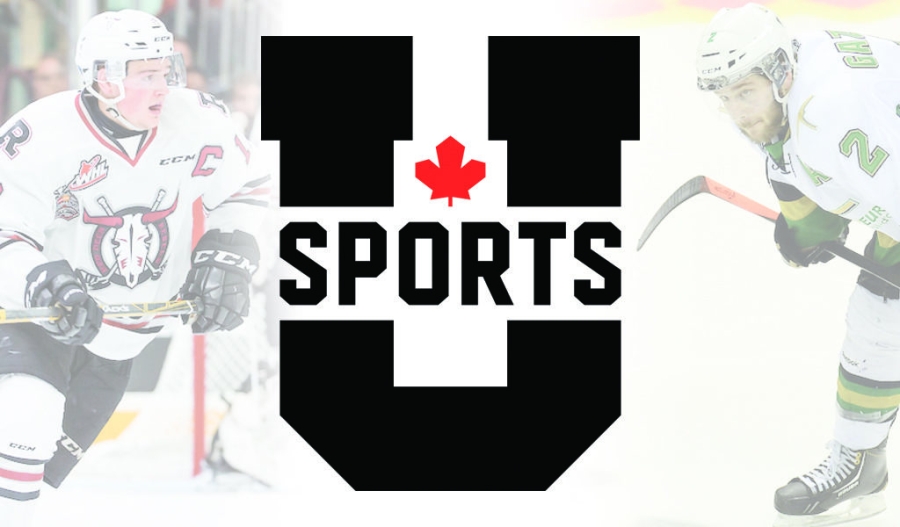 Image of U SPORTS Hockey National Championship logo with two hockey players in background.