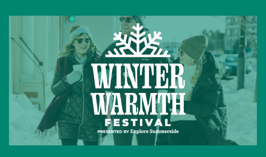 Image of three people walking down winter sidewalk with Winter Warmth Festival logo in foreground