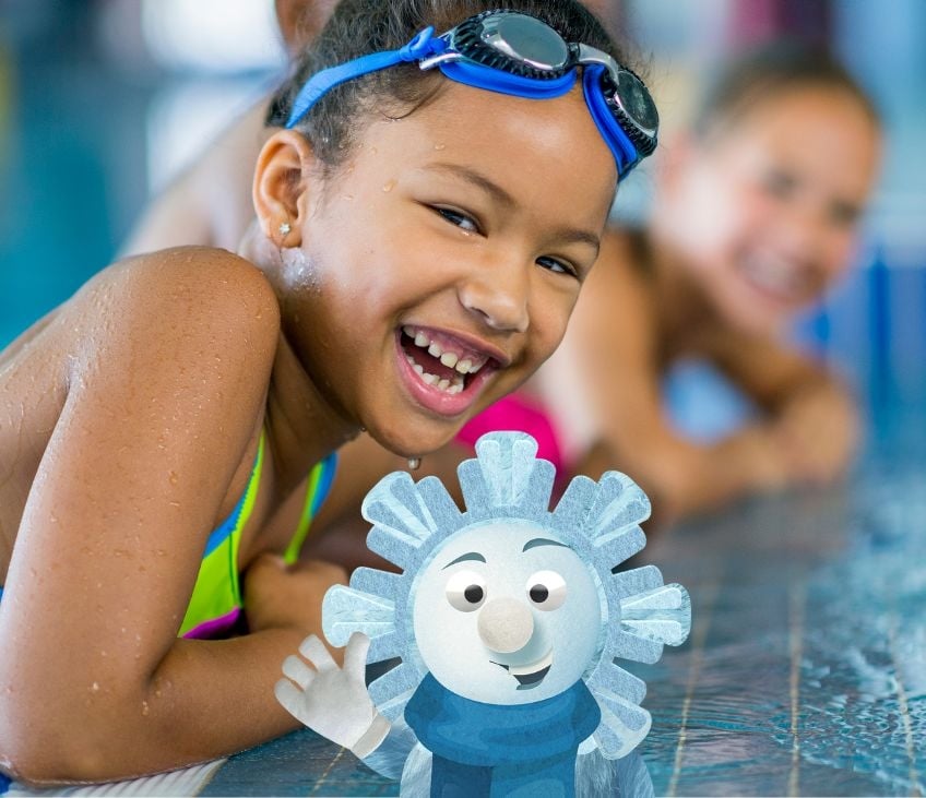 Stock image of two girls on side of pool with Jack Frost Winterfest mascot graphic in foreground