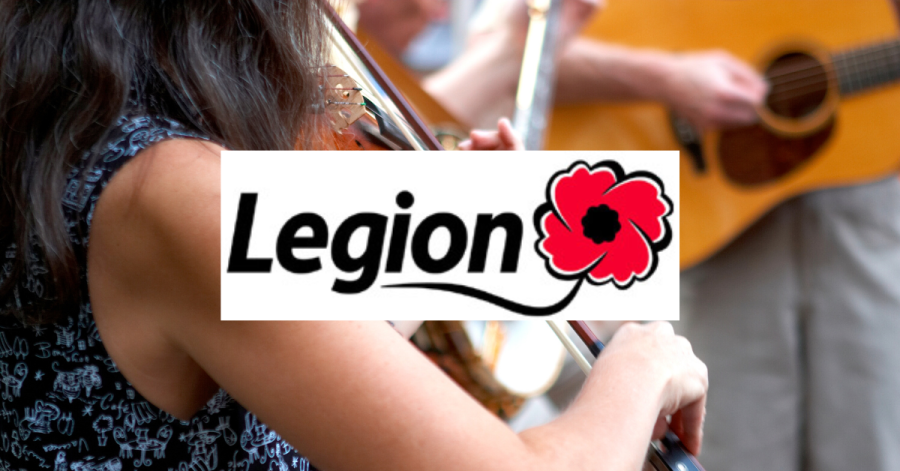 Kitchen party at the Legion, PEI Stock image of female on fiddle with guitar player in background; Legion logo in foreground