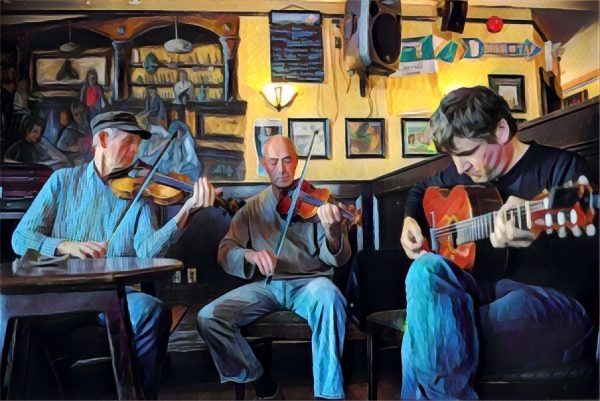 old triangle three gentlemen sitting in a semi-circle two with fiddles one with a guitar