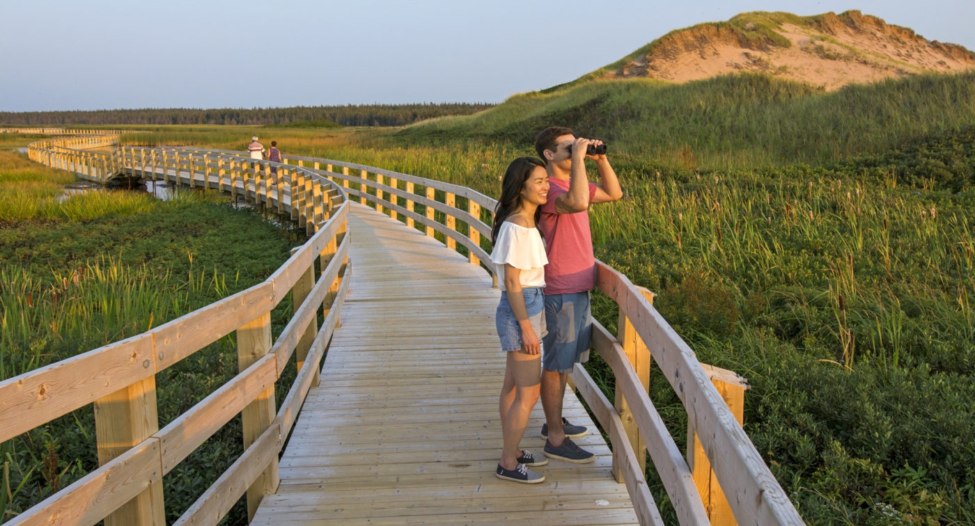 Greenwich PEI-National-Park, Couple, binoculars Greenwich PEI-National-Park, Couple, binoculars