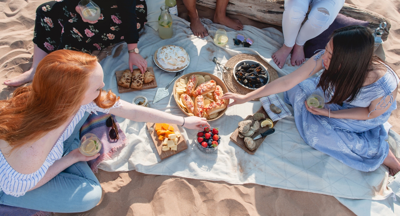 beach picnic, Group of people, food, sand