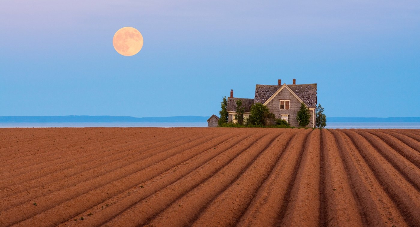 Guernsey Cove, Moon, house, fields, night