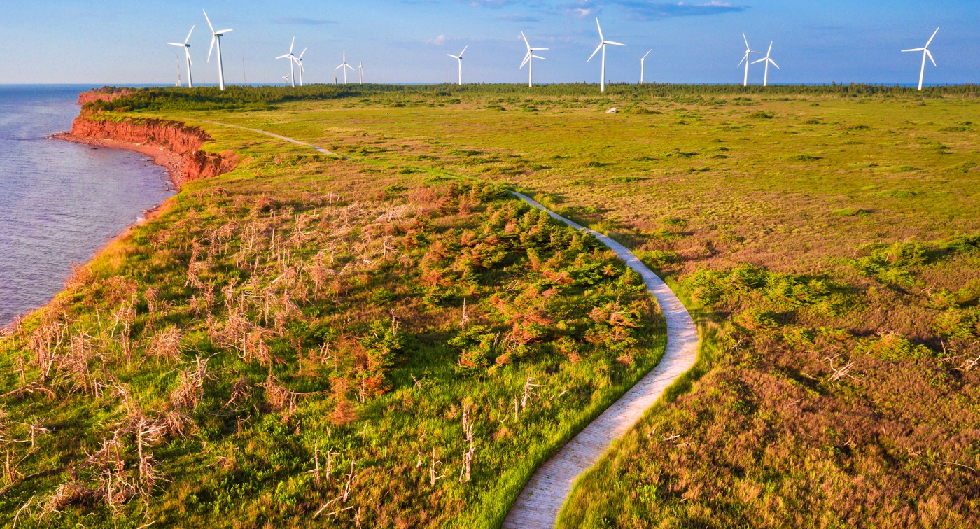 North Cape, wind turbines, road, cliffs, ocean North Cape, wind turbines, road, cliffs, ocean