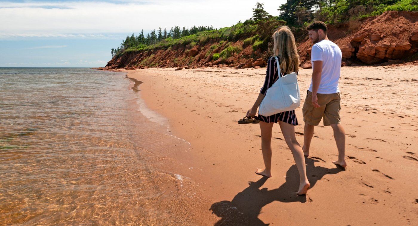 Basin Head, couple, beach, water, rocks, walking