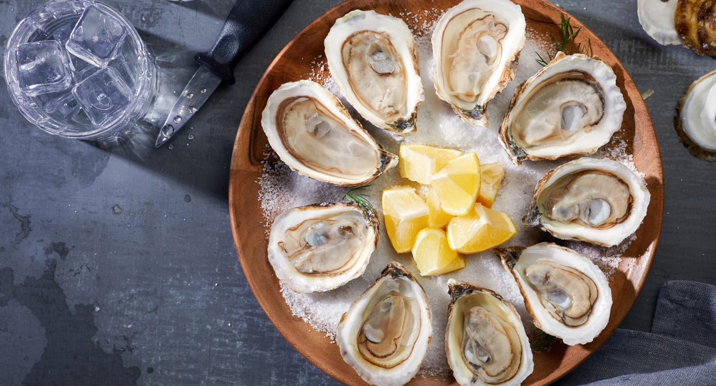 Food photography, oysters, lemon, flat-lay Food photography, oysters, lemon, flat-lay