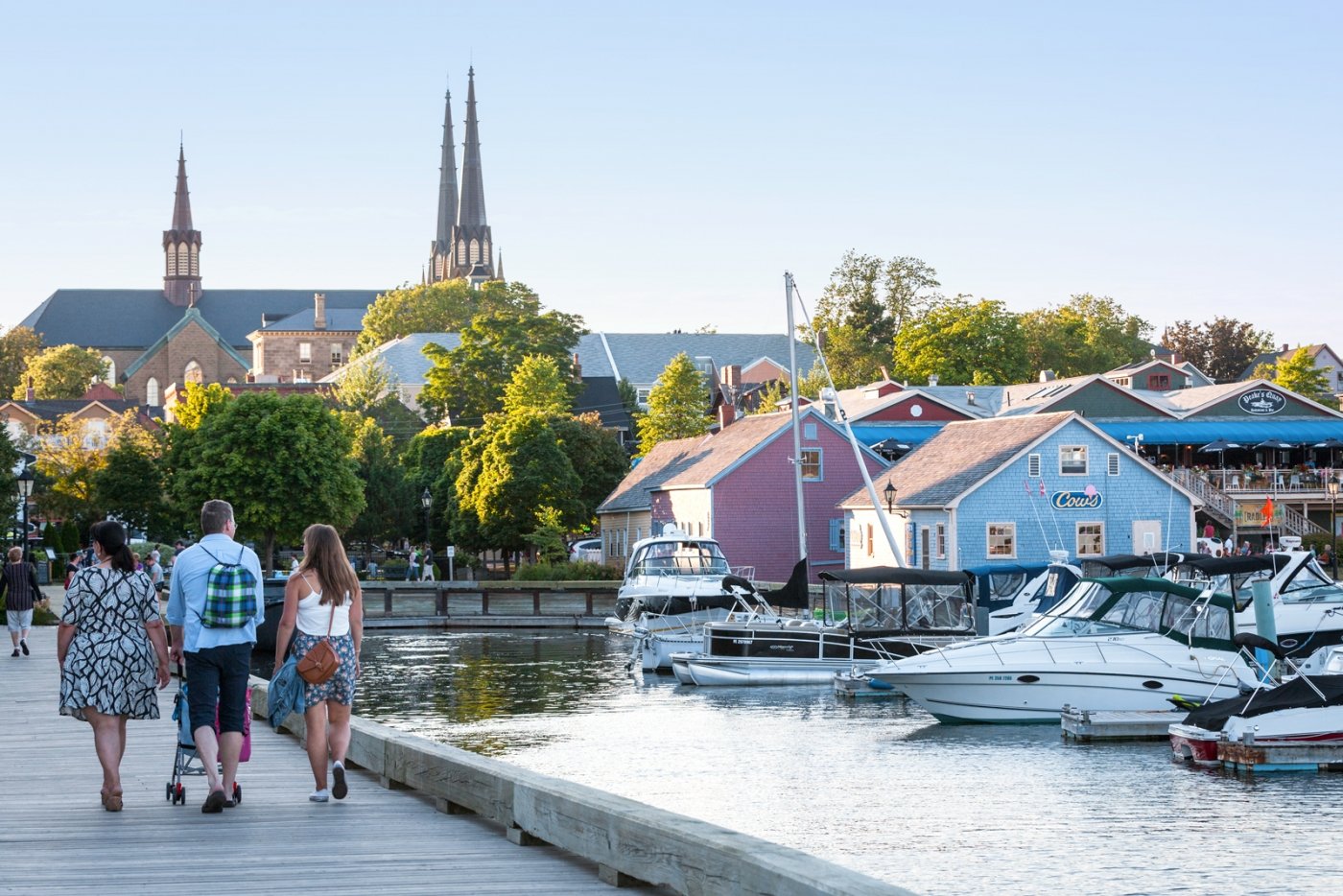 Group walking on boardwalk at Peake's Quay, Charlottetown