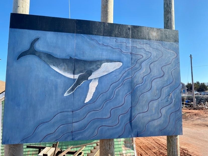 Outdoor mural at Stanley Bridge Harbour titled "The Whale Song" by Ashley Anne Clark