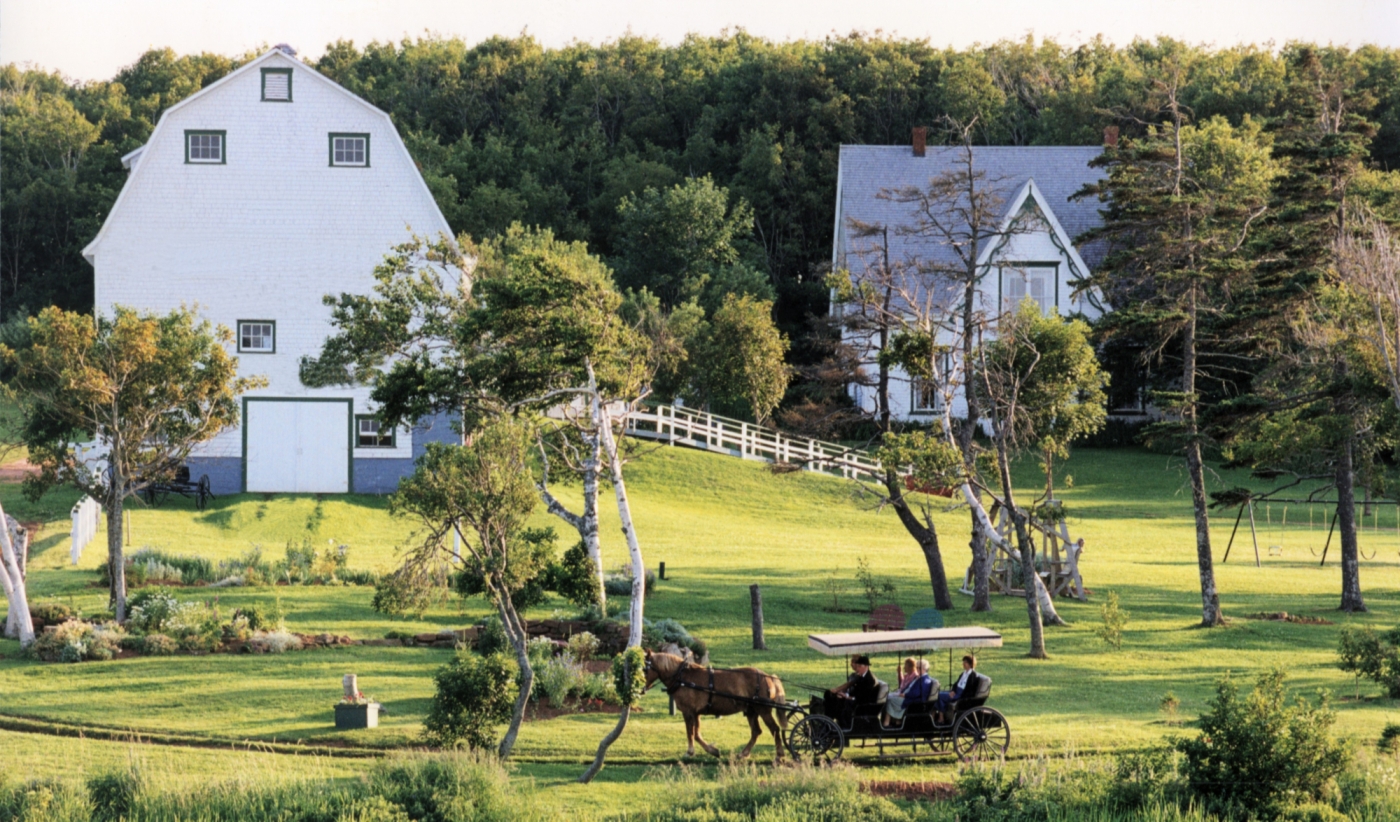 Anne of Green Gables Museum, Park Corner, PEI Grounds of Anne of Green Gables Museum in summer with horse and carriage in foreground