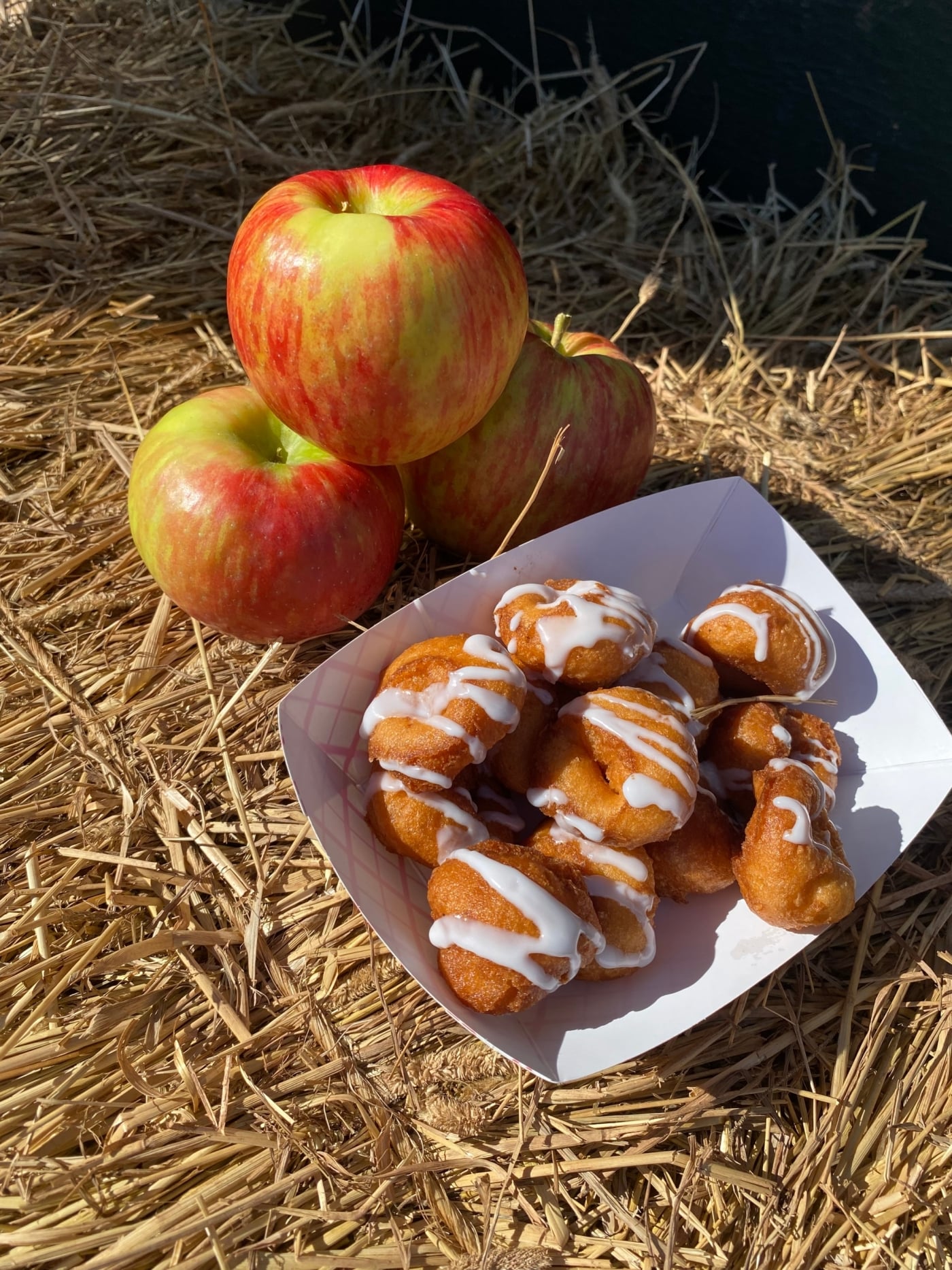 Apple cider flavoured mini donuts and stack of apples