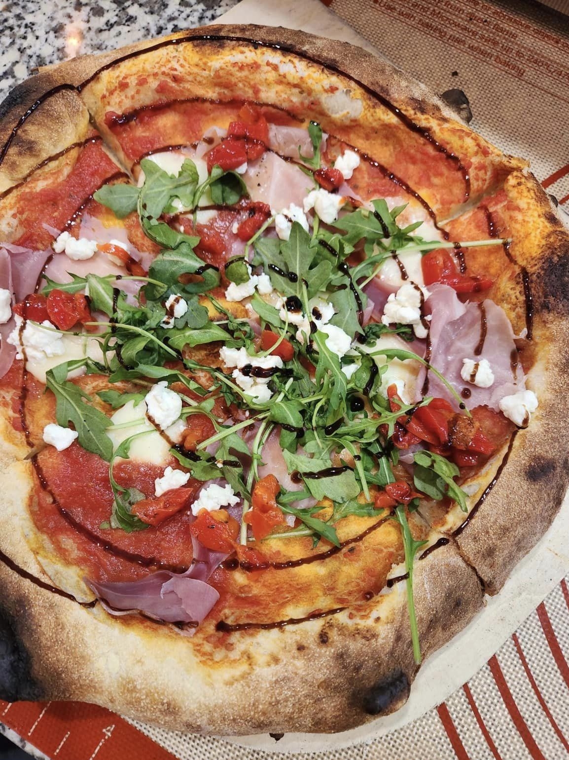 Close-up of oven fired artisnal pizza