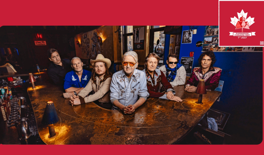 Blue Rodeo in Summerside, PEI on July 1, 2025 Promo image for Blue Rodeo with red background and City of Summerside logo
