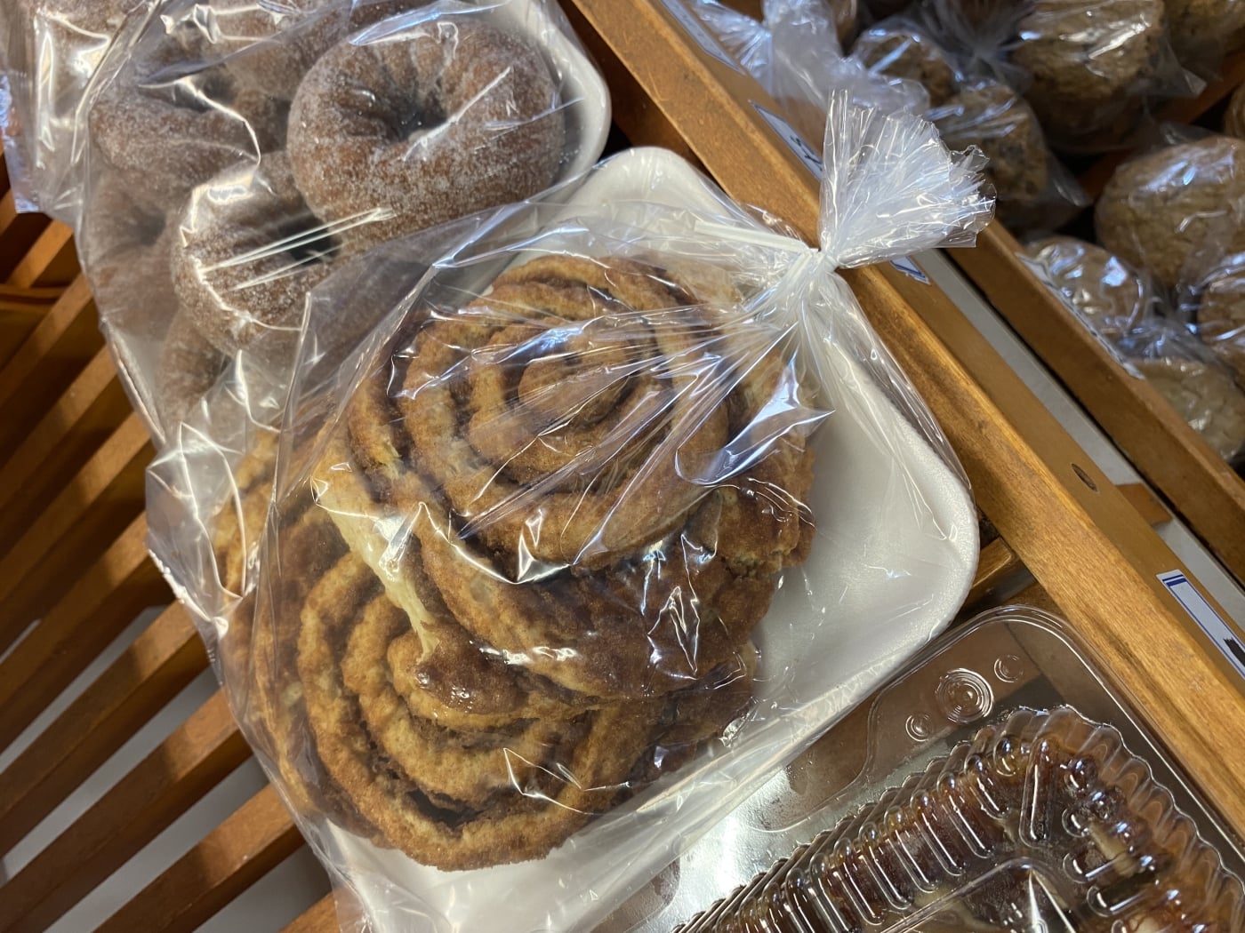 Tray of packaged cinnamon rolls from the Blue Goose, Desable