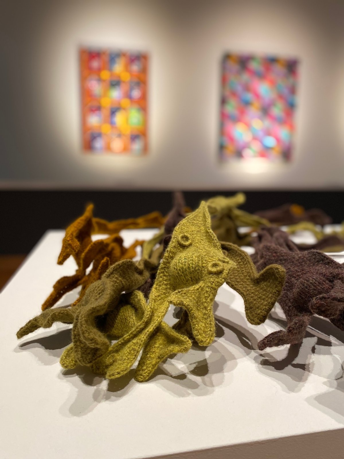 Confederation Centre Art Gallery, Charlottetown, PEI Textile exhibit in foreground with quilts hanging on wall in background at the Confederation Centre Art Gallery, PEI