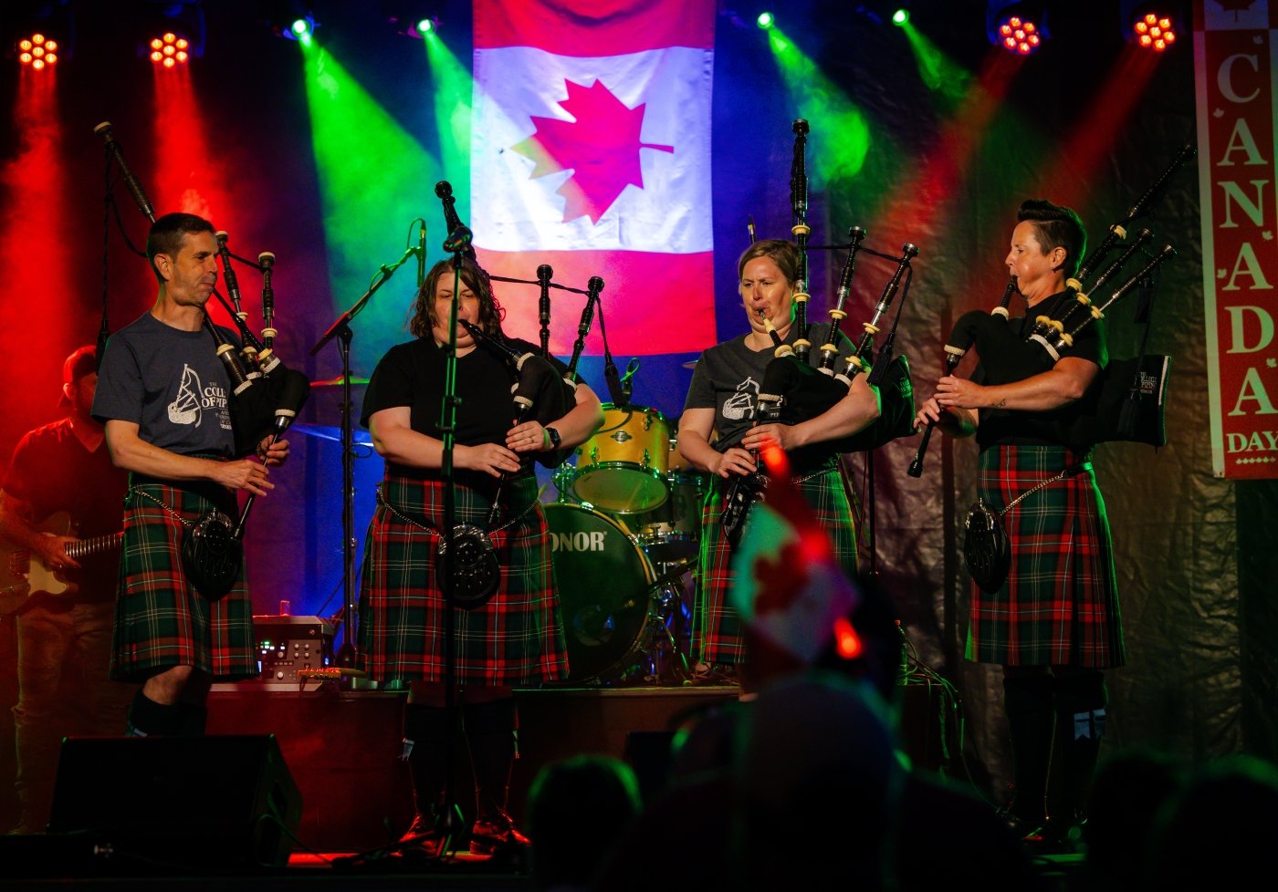 Canada Day, Summerside College of Piping pipers perform on stage at Canada Day celebrations in Summerside