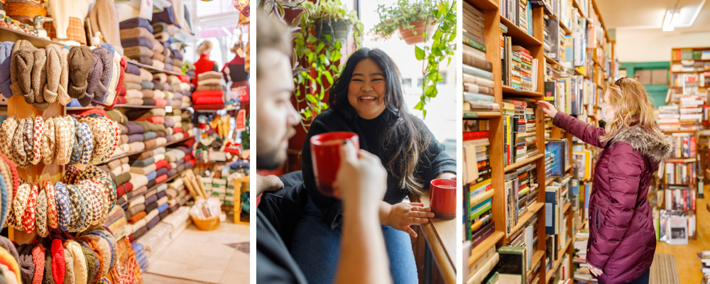 Three images: display of woolen mittens in shop; couple enjoying coffee; and woman browsing in bookstore