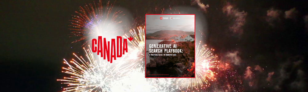 Image of fireworks at night, Destination Canada logo and cover of Generative AI playbook