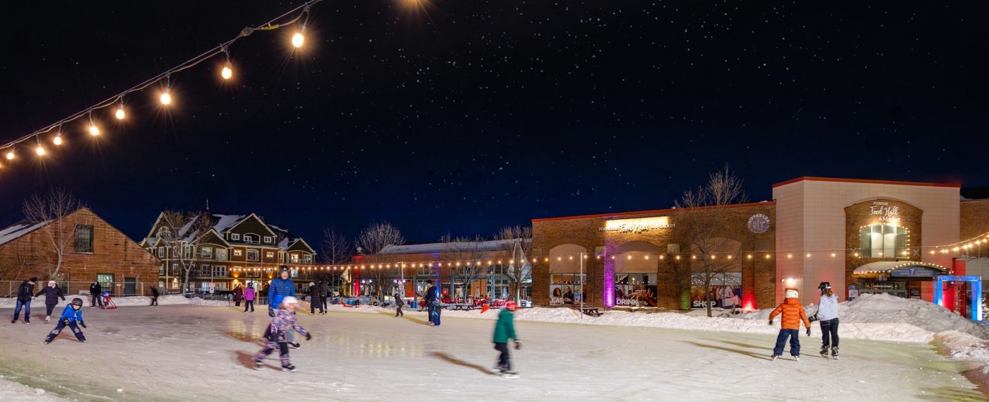 Outdoor skating under the lights at Founders' Food Hall & Market