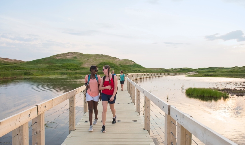 Greenwich - PEI National Park People walk on floating boarwalk at Greenwich - PEI National Park
