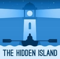 A mulit-coloured blue graphic image of a person in a row boat rowing toward a lighthouse at night with text "The Hidden Island"