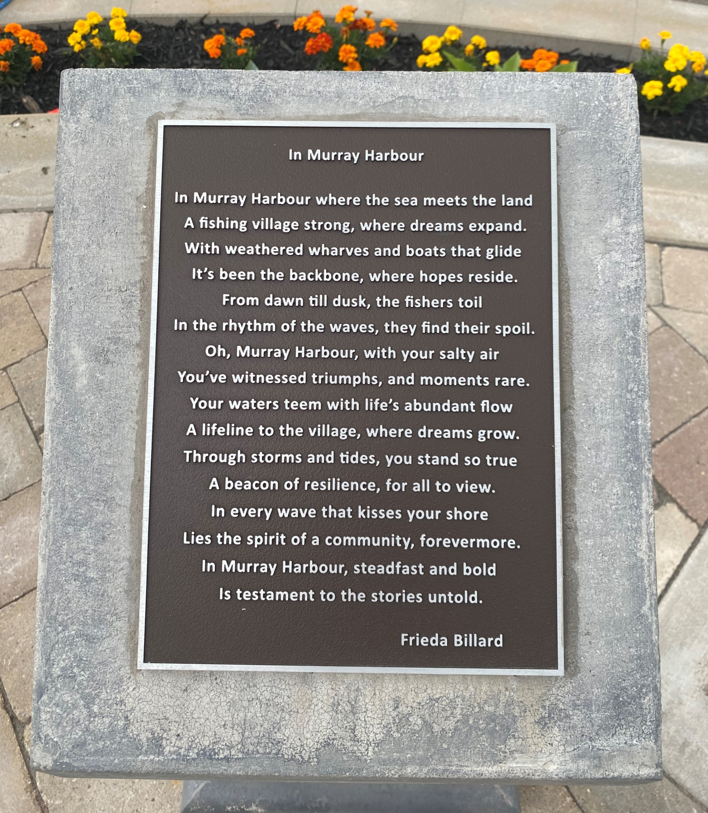 Murray Harbour, PEI Closeup of outdoor plaque titled "In Murray Harbour" by Frieda Billard
