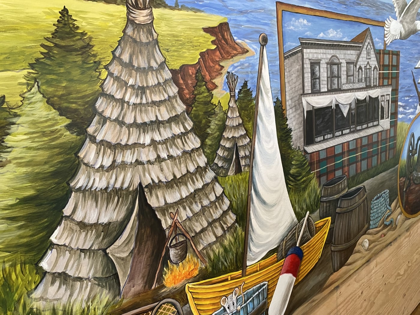 New mural illustrating birchbark tipee and old store in Souris