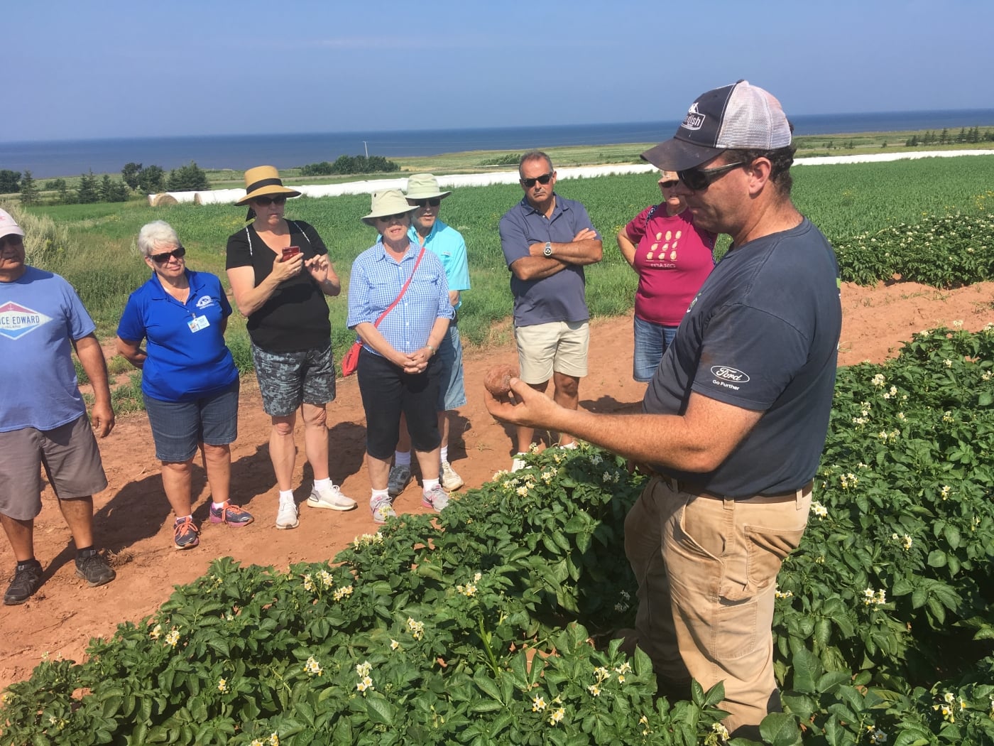 Potato farmer explains what it takes to grow potatoes to a tour group in a field