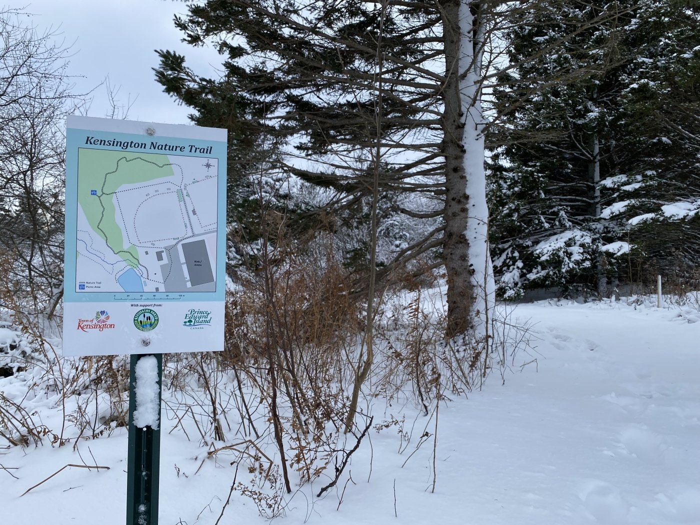 Sign at entrance to Kensington Nature Trail in winter