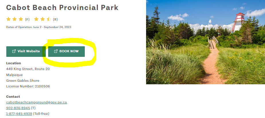 Screen capture of operator web listing on tourismpei.com