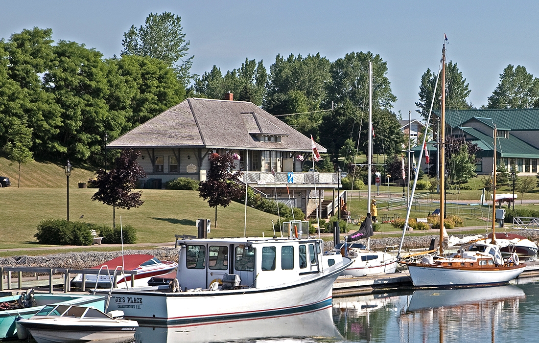 Exterior view of Montague Train Station from the waterfront in summer, home of the visitor information centre