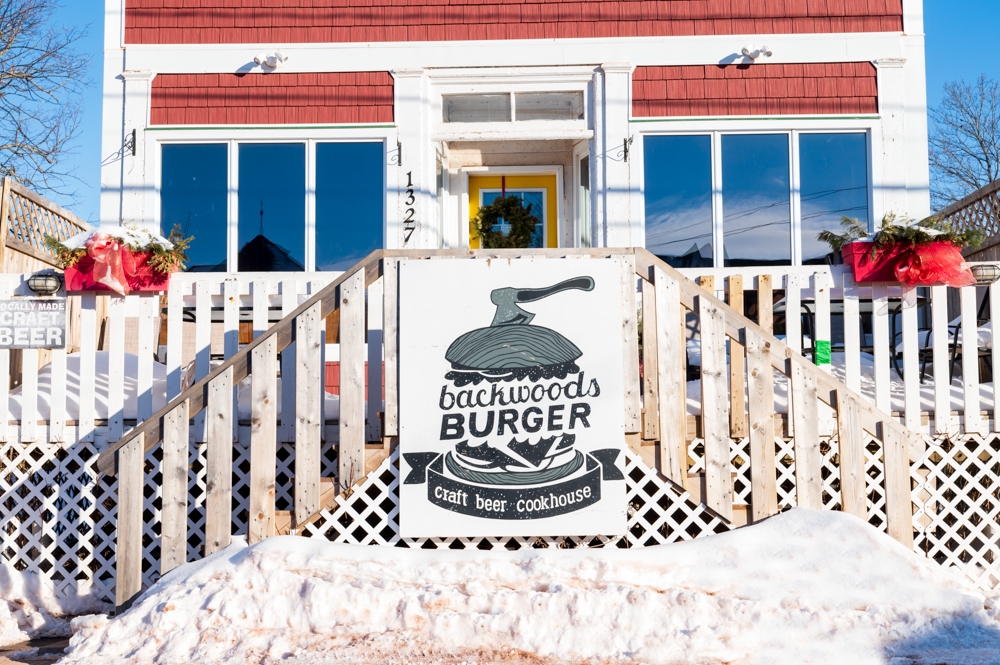 Exterior view of Backwoods Burger in winter