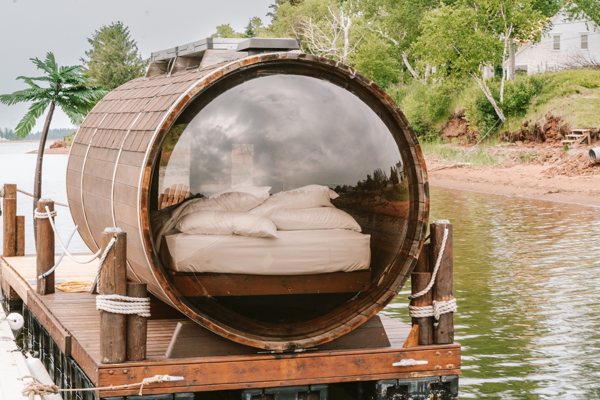 exterior view of floating wine barrel accommodations